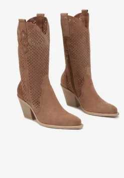 Brązowe Botki na Stożku Kowbojki z Ażurową Cholewką Feliraen