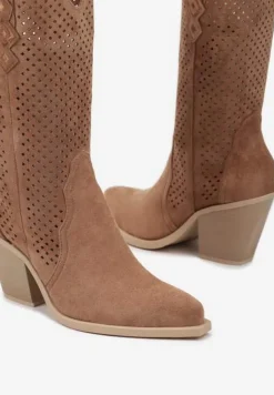 Brązowe Botki na Stożku Kowbojki z Ażurową Cholewką Feliraen