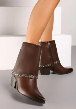 Brązowe Botki na Stożku Ozdobione Nitami i Wywiniętymi Cholewkami Irissana