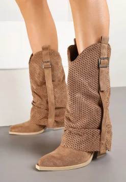 Brązowe Botki na Stożku w Stylu Kowbojek z Wywiniętą Cholewką Sinala
