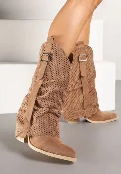 Brązowe Botki na Stożku w Stylu Kowbojek z Wywiniętą Cholewką Sinala