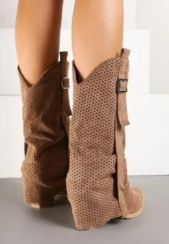 Brązowe Botki na Stożku w Stylu Kowbojek z Wywiniętą Cholewką Sinala