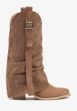Brązowe Botki na Stożku w Stylu Kowbojek z Wywiniętą Cholewką Sinala