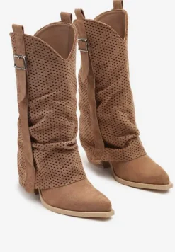 Brązowe Botki na Stożku w Stylu Kowbojek z Wywiniętą Cholewką Sinala
