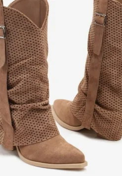 Brązowe Botki na Stożku w Stylu Kowbojek z Wywiniętą Cholewką Sinala