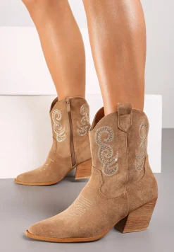 Brązowe Botki na Stożku w Stylu Kowbojek Ozdobione Cyrkoniami Ansitha