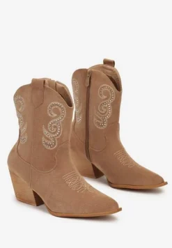 Brązowe Botki na Stożku w Stylu Kowbojek Ozdobione Cyrkoniami Ansitha