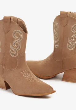 Brązowe Botki na Stożku w Stylu Kowbojek Ozdobione Cyrkoniami Ansitha