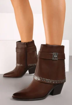 Brązowe Botki na Stożku w Stylu Kowbojek z Ćwiekami i Wywiniętą Cholewką Ardiola