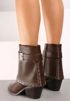 Brązowe Botki na Stożku w Stylu Kowbojek z Ćwiekami i Wywiniętą Cholewką Ardiola