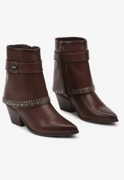 Brązowe Botki na Stożku w Stylu Kowbojek z Ćwiekami i Wywiniętą Cholewką Ardiola
