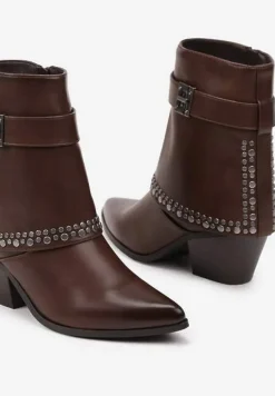 Brązowe Botki na Stożku w Stylu Kowbojek z Ćwiekami i Wywiniętą Cholewką Ardiola