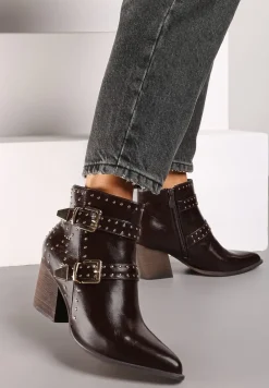 Brązowe Botki na Słupku Biker Wykończone Klamrami i Nitami Terivian