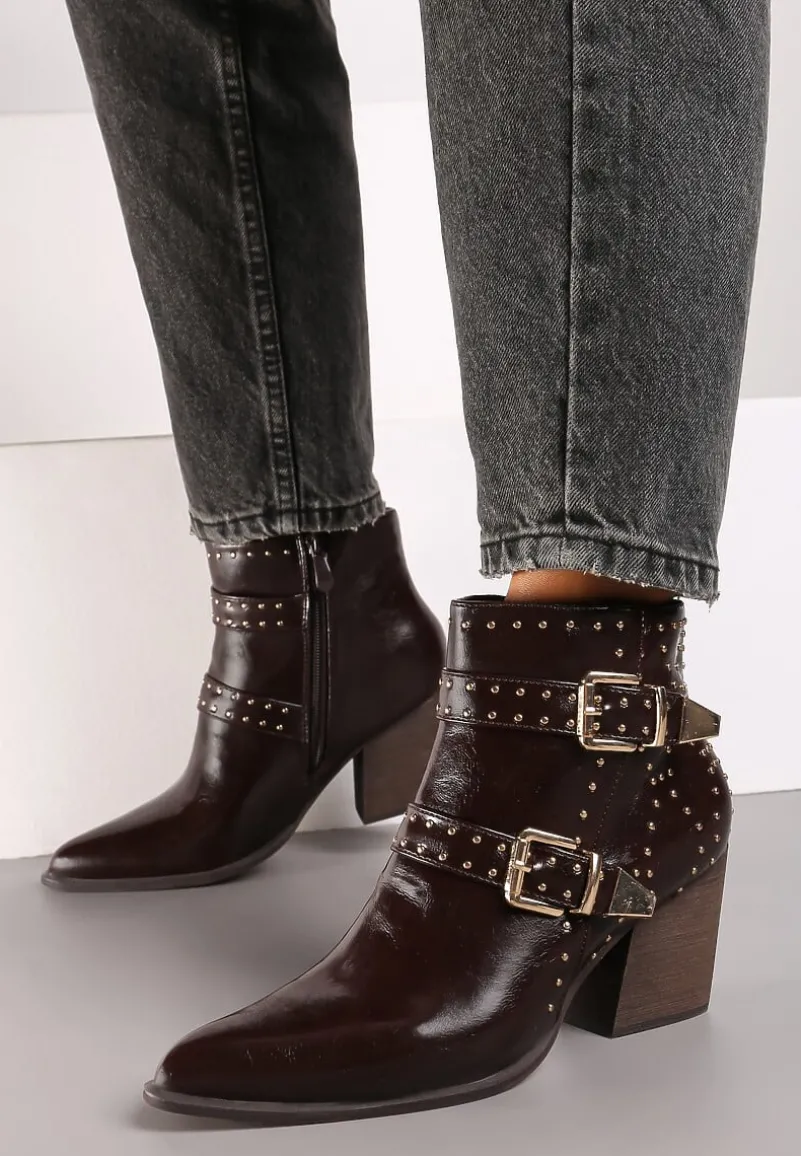 Brązowe Botki na Słupku Biker Wykończone Klamrami i Nitami Terivian