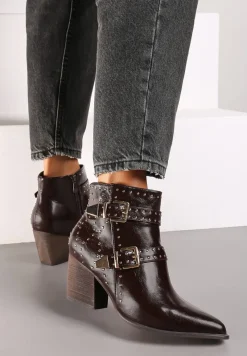Brązowe Botki na Słupku Biker Wykończone Klamrami i Nitami Terivian