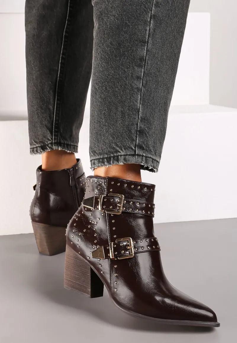 Brązowe Botki na Słupku Biker Wykończone Klamrami i Nitami Terivian