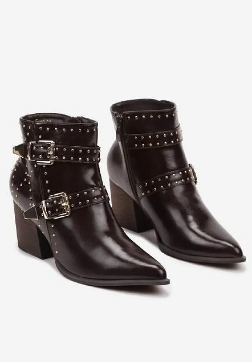 Brązowe Botki na Słupku Biker Wykończone Klamrami i Nitami Terivian