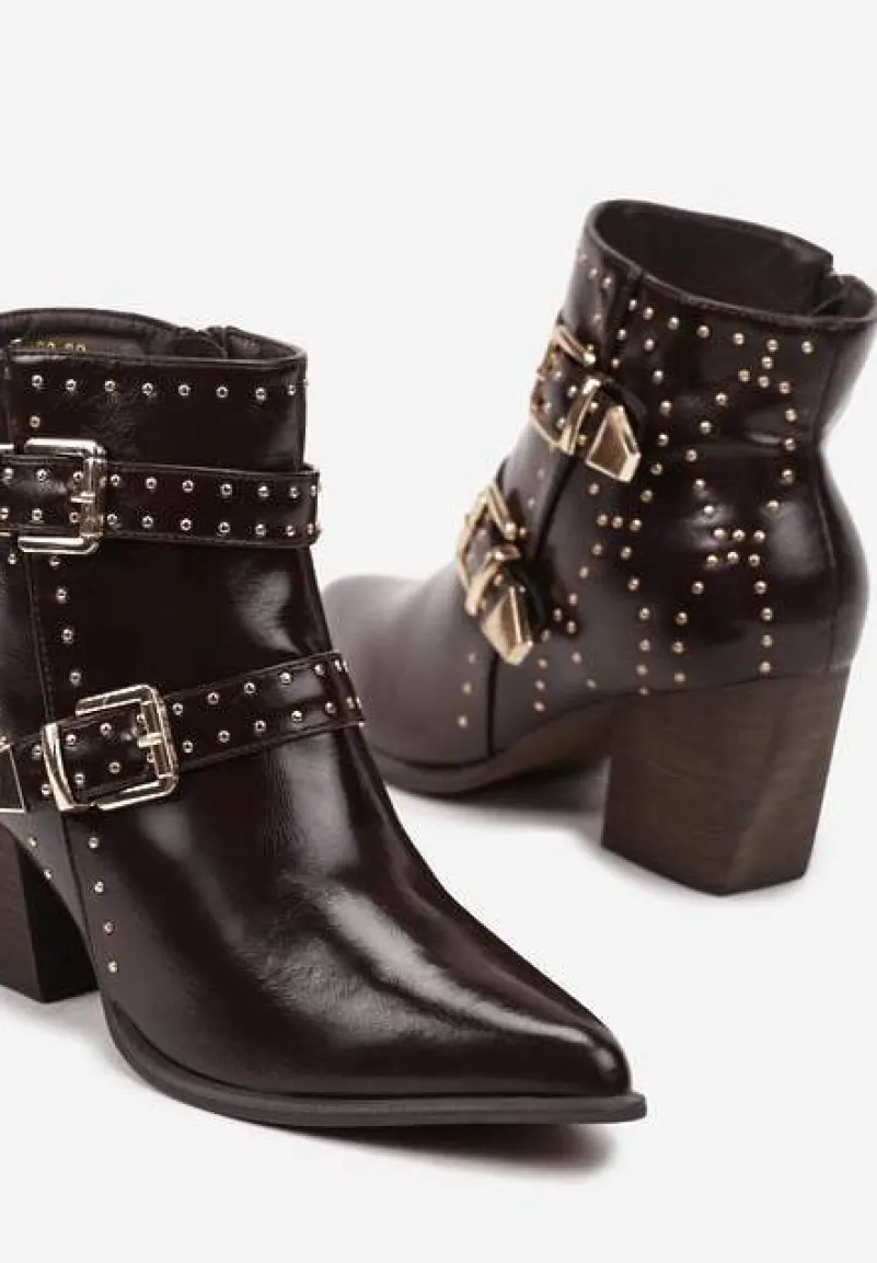 Brązowe Botki na Słupku Biker Wykończone Klamrami i Nitami Terivian