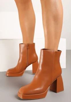 Brązowe Botki na Słupku i Platformie w Jednolitym Kolorze Sassizelle