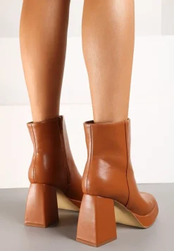 Brązowe Botki na Słupku i Platformie w Jednolitym Kolorze Sassizelle