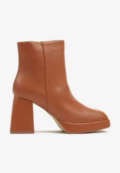 Brązowe Botki na Słupku i Platformie w Jednolitym Kolorze Sassizelle