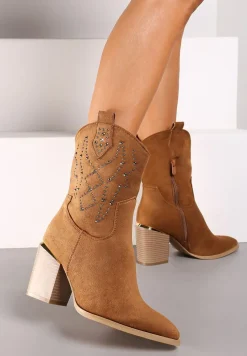 Brązowe Botki na Słupku w Stylu Kowbojek Irilianne
