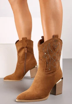 Brązowe Botki na Słupku w Stylu Kowbojek Irilianne