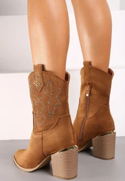 Brązowe Botki na Słupku w Stylu Kowbojek Irilianne