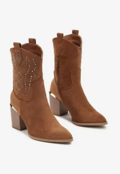 Brązowe Botki na Słupku w Stylu Kowbojek Irilianne