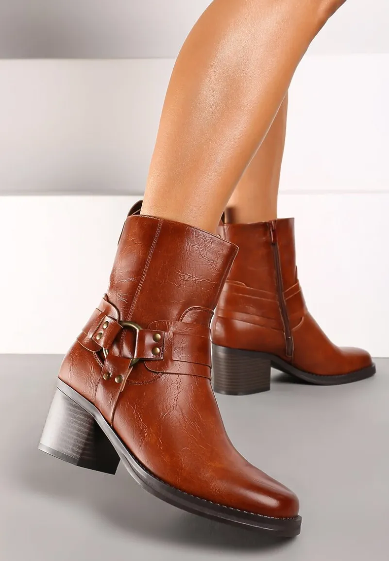 Brązowe Botki na Słupku w Stylu Kowbojek z Klamrami Irivaria