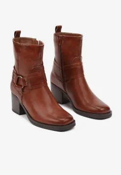 Brązowe Botki na Słupku w Stylu Kowbojek z Klamrami Irivaria