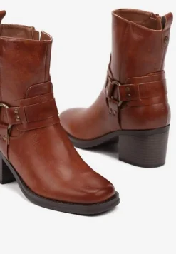 Brązowe Botki na Słupku w Stylu Kowbojek z Klamrami Irivaria
