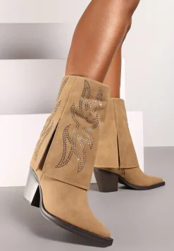 Brązowe Botki na Słupku w Stylu Kowbojek z Wywiniętą Cholewką i Cyrkoniami Verisani