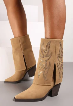 Brązowe Botki na Słupku w Stylu Kowbojek z Wywiniętą Cholewką i Cyrkoniami Verisani