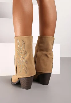 Brązowe Botki na Słupku w Stylu Kowbojek z Wywiniętą Cholewką i Cyrkoniami Verisani
