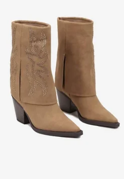 Brązowe Botki na Słupku w Stylu Kowbojek z Wywiniętą Cholewką i Cyrkoniami Verisani