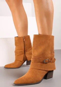 Brązowe Botki na Słupku z Klamrą i Wywiniętą Cholewką Nevelorae