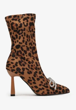 Brązowe Botki Skarpetkowe Ozdobione Kokardką z Cyrkoniami na Geometrycznej Szpilce Aife