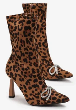 Brązowe Botki Skarpetkowe Ozdobione Kokardką z Cyrkoniami na Geometrycznej Szpilce Aife