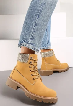 Brązowe Botki Traperki na Płaskiej Podeszwie z Przeszyciami i Cyrkoniami Flurella