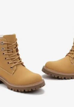 Brązowe Botki Traperki na Płaskiej Podeszwie z Przeszyciami i Cyrkoniami Flurella