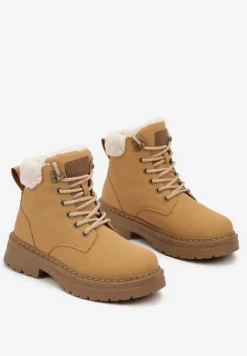 Brązowe Botki Traperki Ozdobione Futerkiem Typu Baranek Teriloria