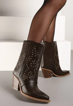 Brązowe Botki Typu Kowbojki na Obcasie ze Szpiczastym Noskiem Zdobione Nitami Vistaria