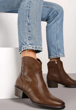 Brązowe Botki Typu Kowbojki na Obcasie z Krótką Cholewką Zinoreta