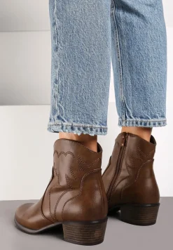 Brązowe Botki Typu Kowbojki na Obcasie z Krótką Cholewką Zinoreta