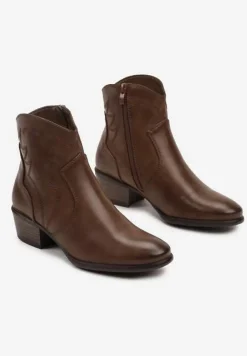 Brązowe Botki Typu Kowbojki na Obcasie z Krótką Cholewką Zinoreta