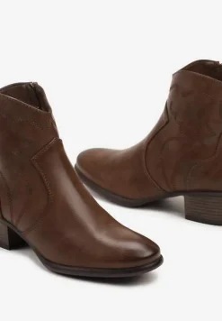 Brązowe Botki Typu Kowbojki na Obcasie z Krótką Cholewką Zinoreta