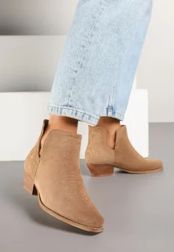 Brązowe Botki Typu Kowbojki z Wycięciem na Stożkowym Obcasie Hanrisa