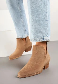 Brązowe Botki Typu Kowbojki z Wycięciem na Stożkowym Obcasie Hanrisa