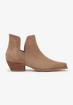 Brązowe Botki Typu Kowbojki z Wycięciem na Stożkowym Obcasie Hanrisa